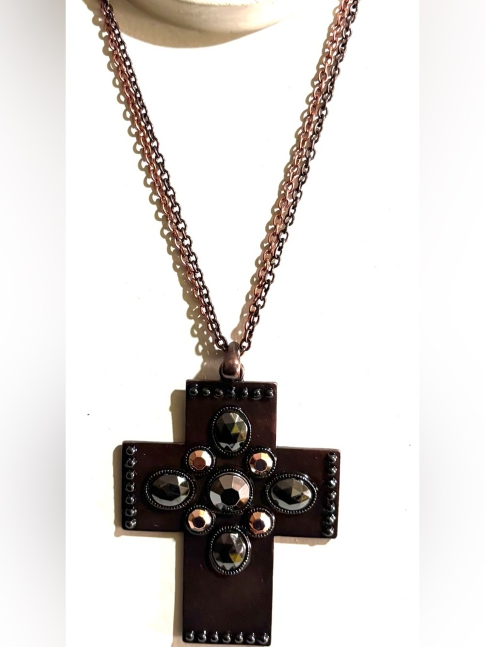 Vintage Rose Gold-Tone Cross Necklace with Black and Smoky Crystals